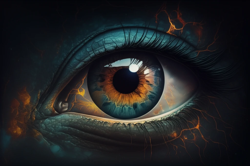 Stylized human eye with glowing energy pathways, representing retinal energy flow.