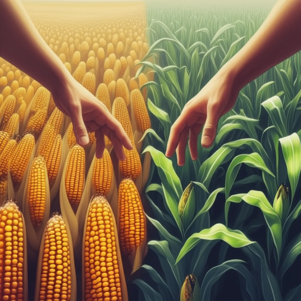 A surreal illustration of a cornfield at dawn, divided between sweet and green corn, representing the choice of harvest time.