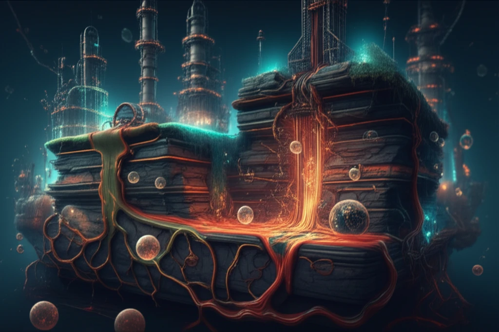 Cross-section of rock formation with drilling mud and CO2 bubbles