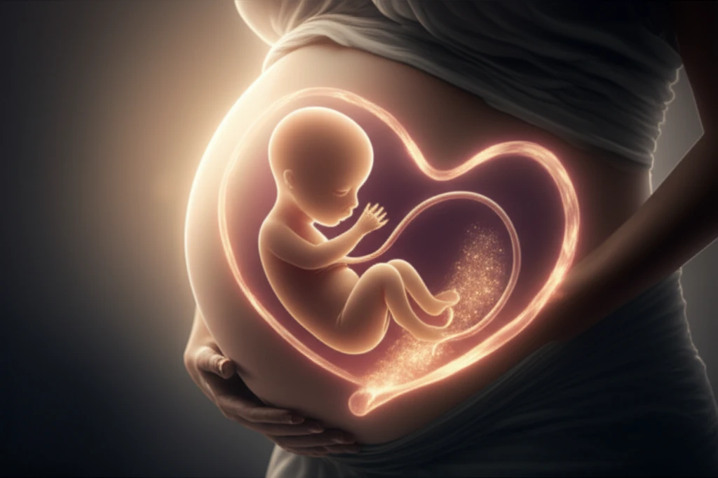Glowing umbilical cord connecting mother and baby, symbolizing life and health.