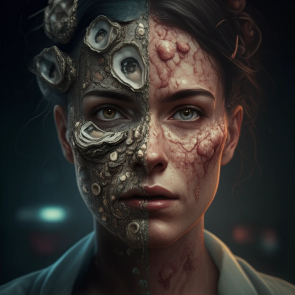 Surreal illustration of rupioid syphilis mimicking lymphoma on a face.