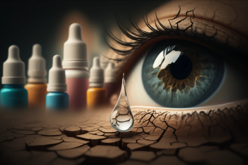Dry eye illustration with a single tear drop falling.