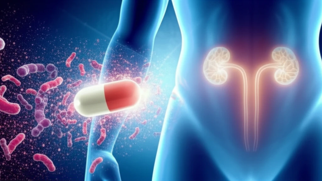 Fosfomycin fighting antibiotic-resistant bacteria in a stylized urinary tract.