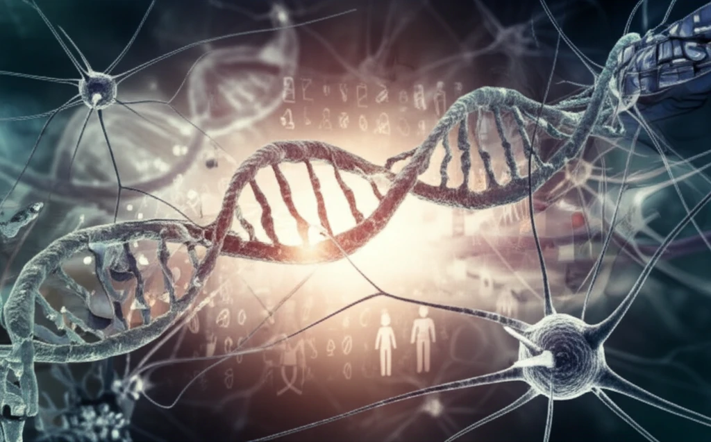 DNA strands intertwining with nerve cells, symbolizing genetic research and personalized medicine.
