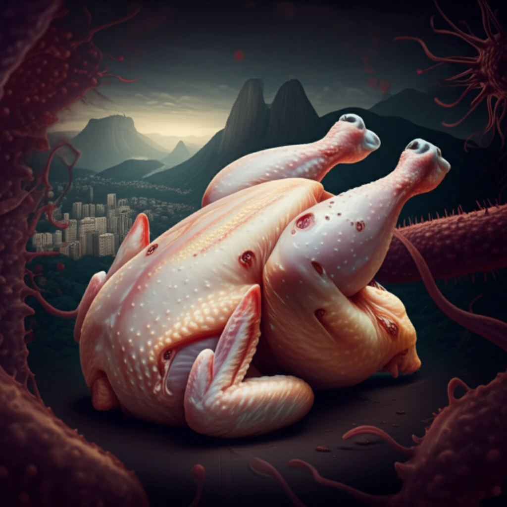 Raw chicken with subtle danger signs, Rio de Janeiro cityscape fading into bacterial imagery.