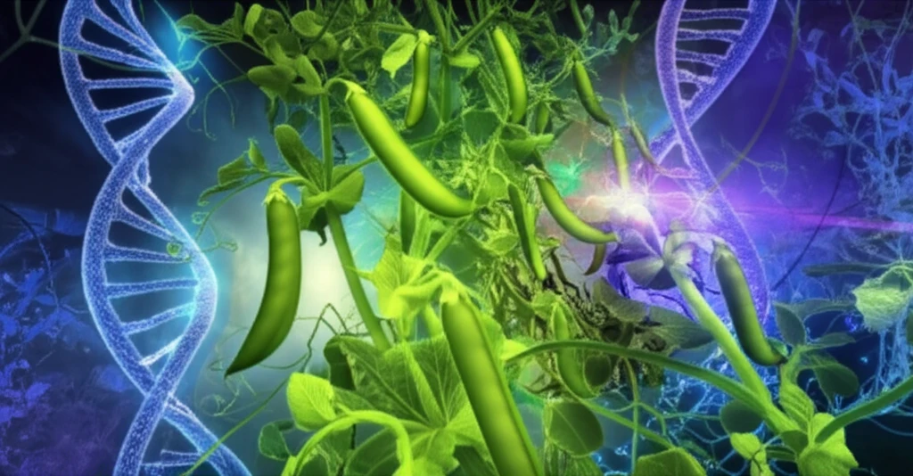 Glowing pea plants intertwined with DNA strands, symbolizing disease resistance.