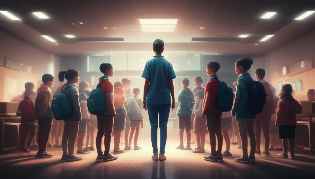 A school nurse surrounded by glowing, happy students.