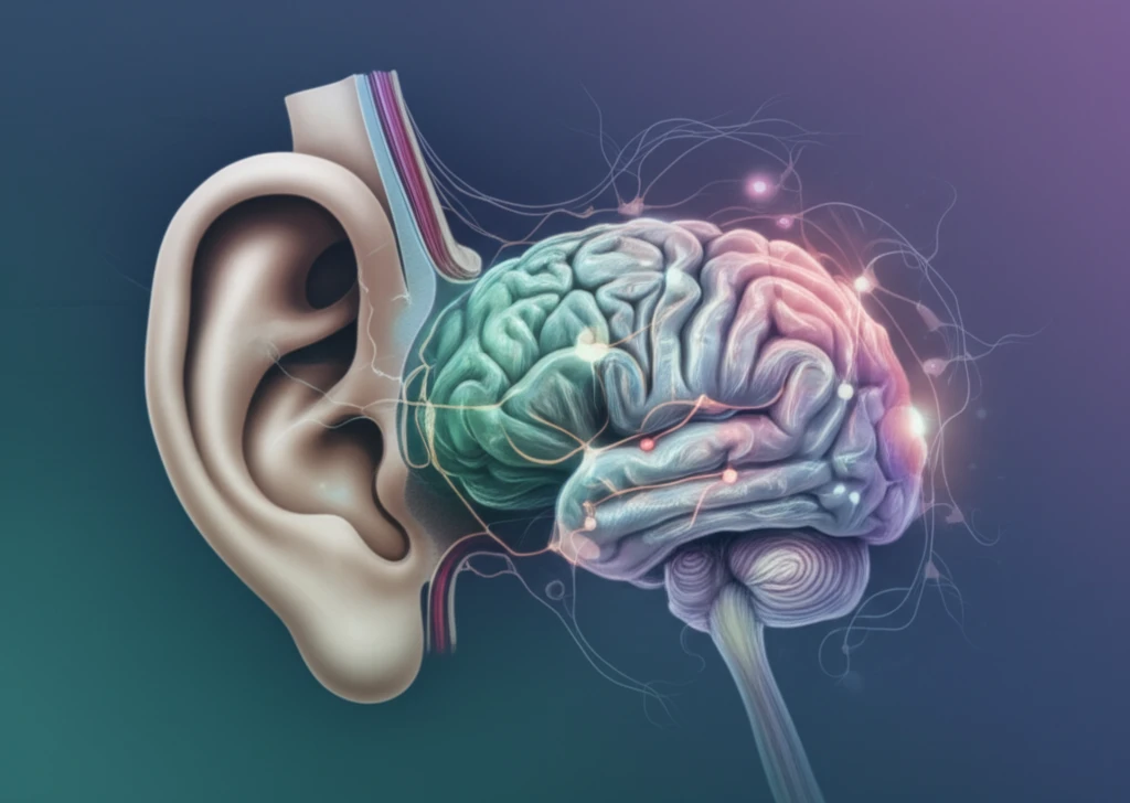 Illustration of an ear morphing into a hippocampus, symbolizing tinnitus and brain changes.