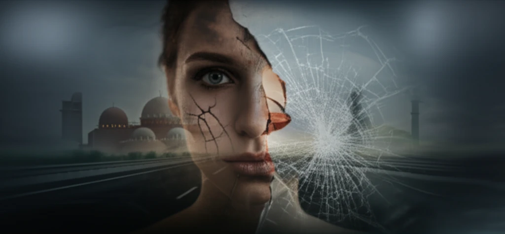 Surreal illustration of a fractured face merging with a highway, symbolizing maxillofacial injuries from road accidents in Saudi Arabia.