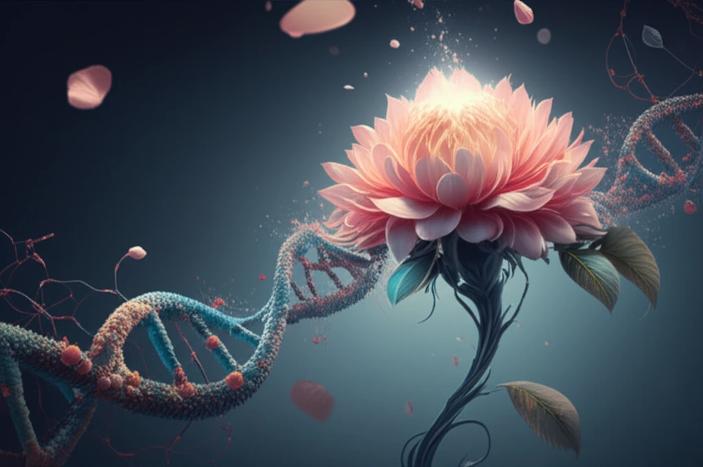 DNA strand intertwined with a flower, symbolizing the connection between genetics and health.
