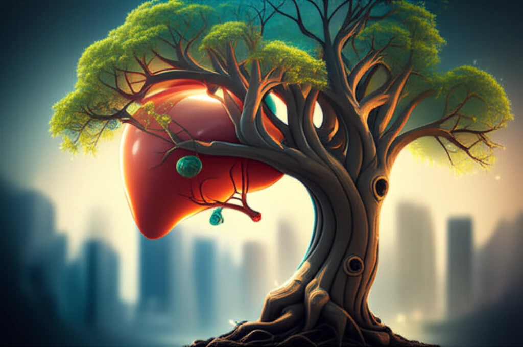 A healthy liver growing from a tree, symbolizing life and renewal after transplantation.