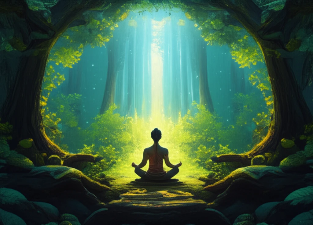 Person meditating in a lush forest clearing, symbolizing mental and physical well-being.