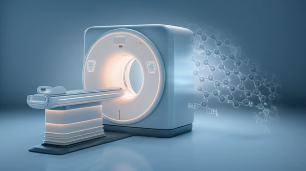 Surreal illustration of PET scanner with fluoromethylcholine structure