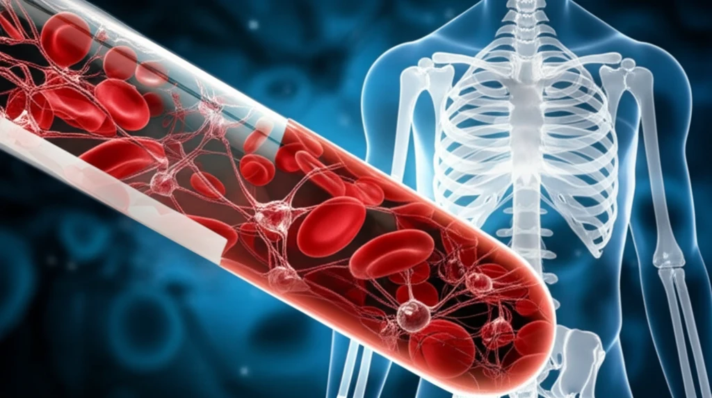 Surreal illustration linking neuron-specific enolase (NSE), blood samples, and multiple myeloma within a bone marrow context.