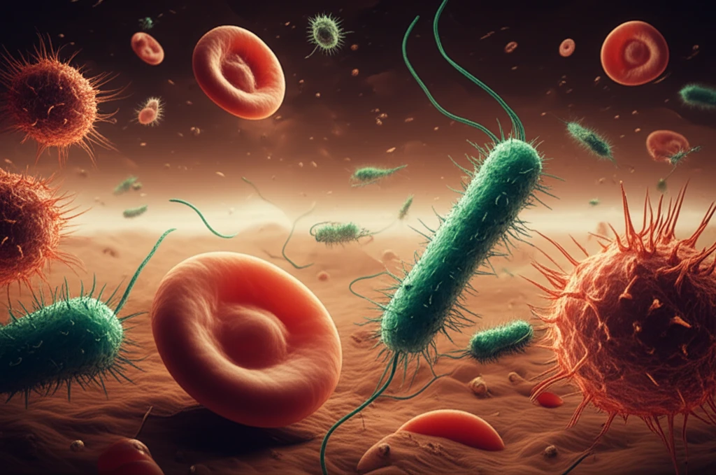 A surreal depiction of a battle against antibiotic resistance within the human body.