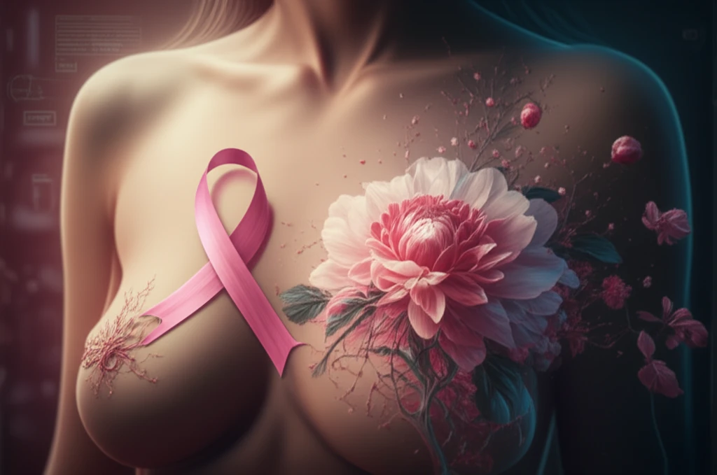 Breast cancer ribbon transforming into a blossoming flower