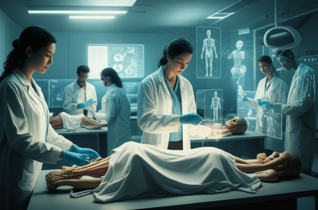 Medical students learning anatomy through traditional specimens and modern technology.