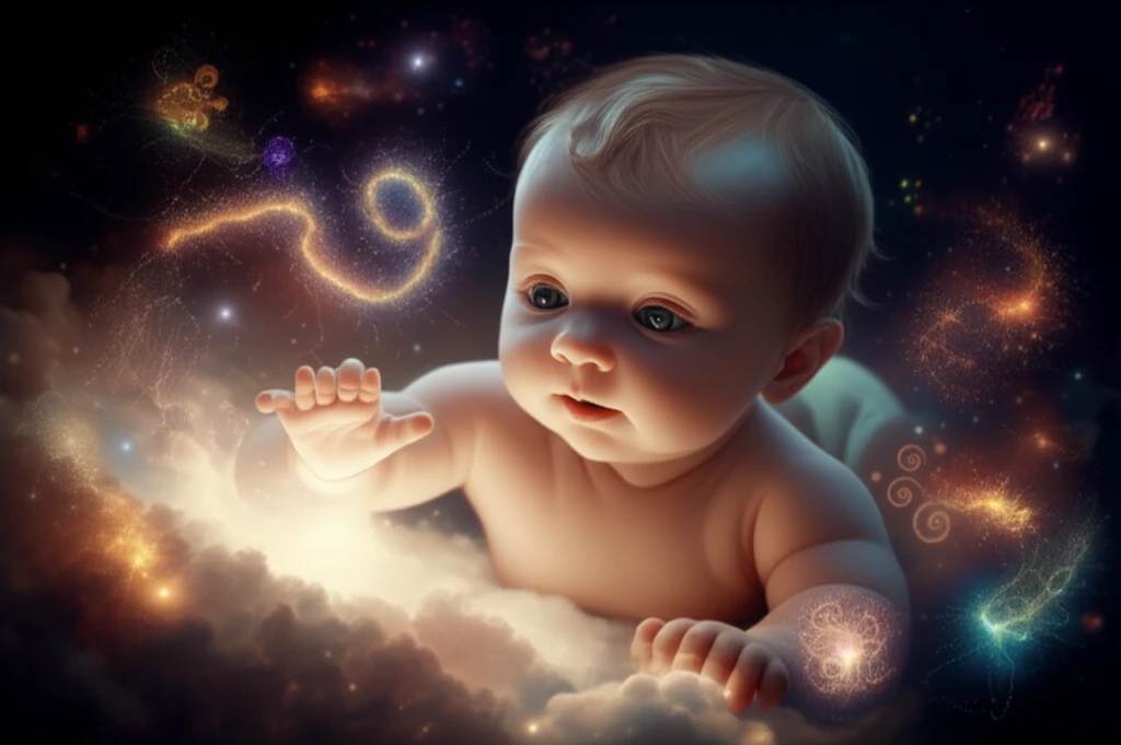 Infant surrounded by constellations representing gut bacteria.