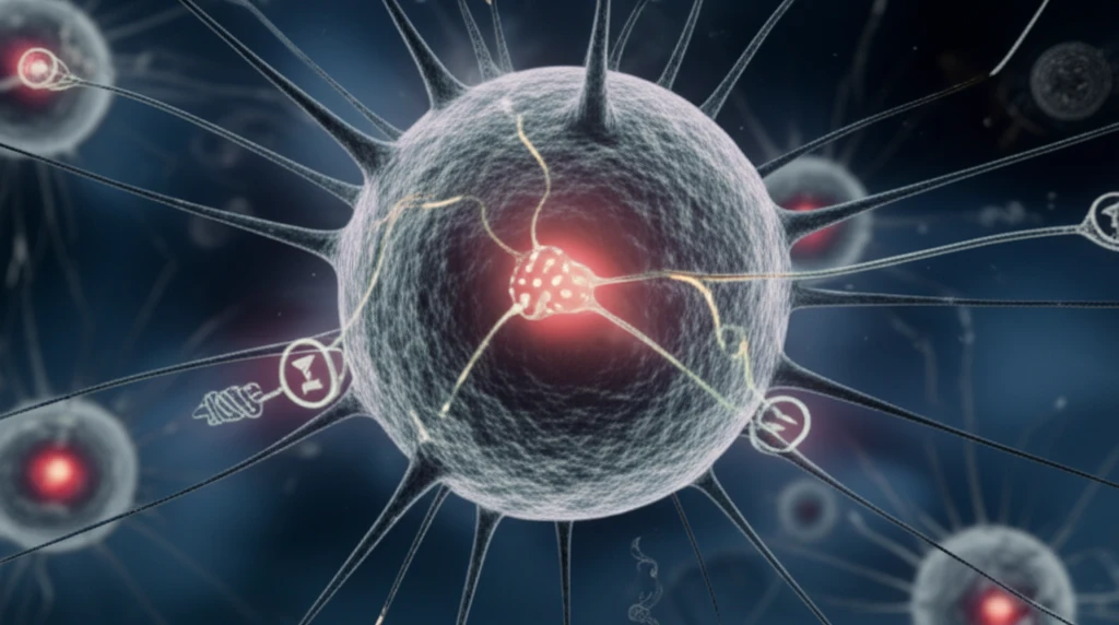 Melanoma cell with intertwined beta-adrenoceptor pathways, symbolizing the connection between stress hormones and tumor growth.