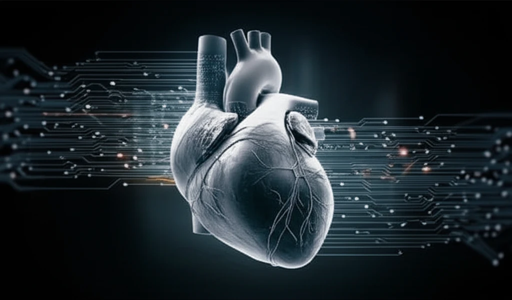 Heart and brain circuitry intertwined, symbolizing heart attack risk assessment.