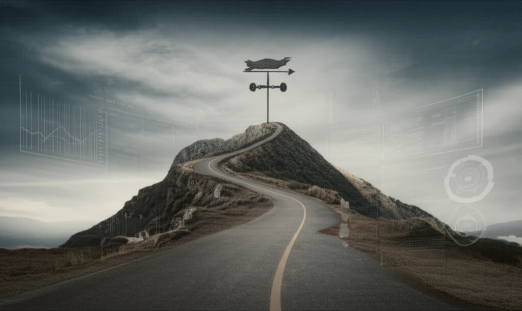 Surreal illustration of recovery journey with weather vane symbolizing outcome prediction