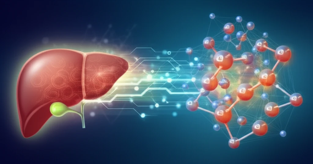 Interconnected pathways between liver and glucose molecules, symbolizing Hepatitis C treatment's impact on blood sugar control.