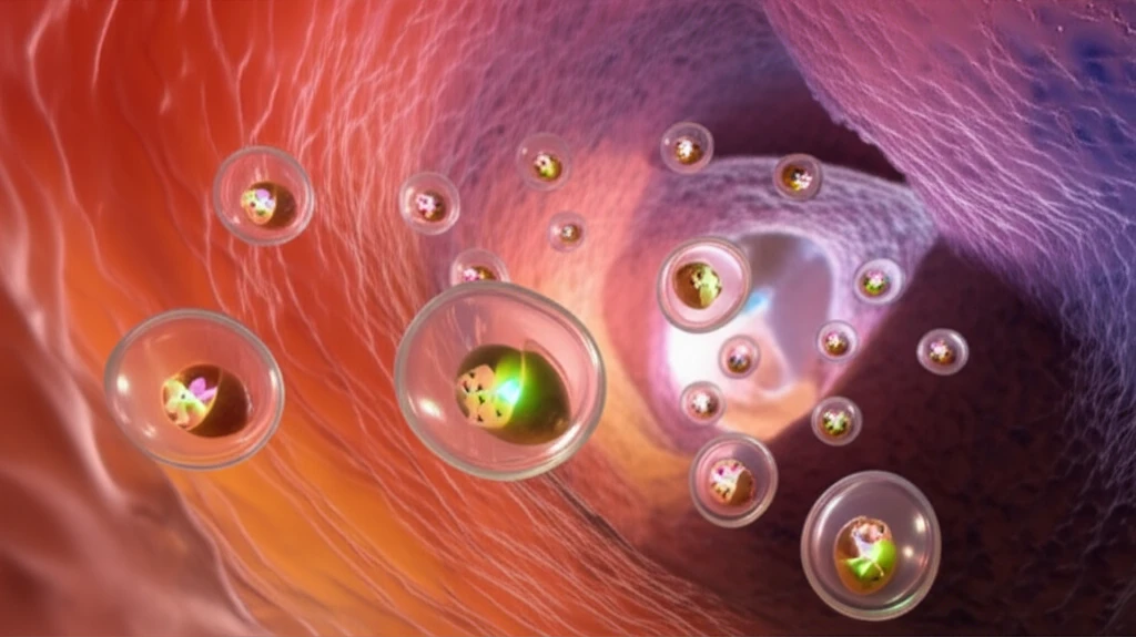 Surreal illustration of Liposils navigating the digestive system.