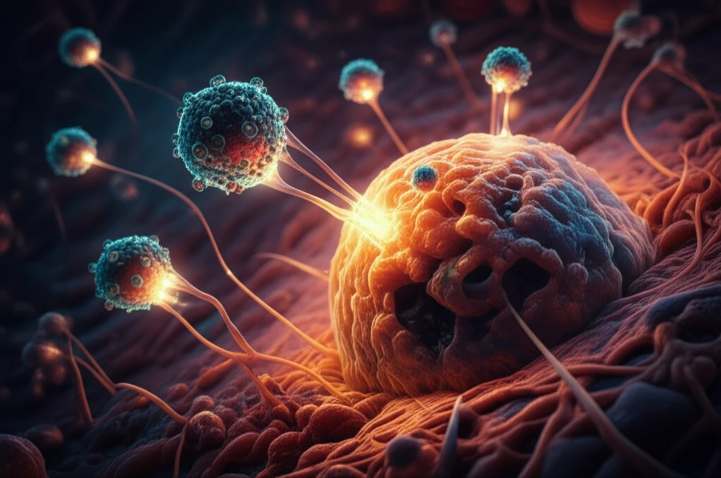 Nanoparticles delivering medicine to a tumor cell.