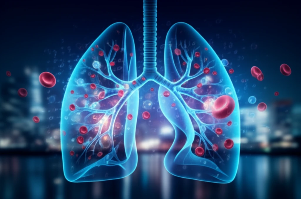 Futuristic illustration of lung with blood biomarkers for early cancer detection.