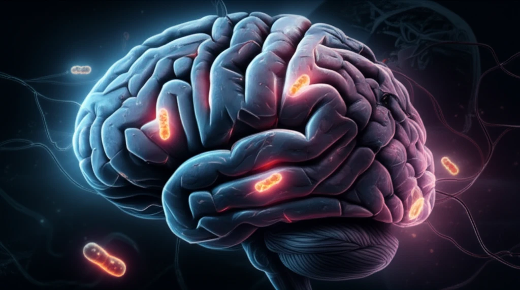 Stylized brain illustration with glowing mitochondria and blast damage.