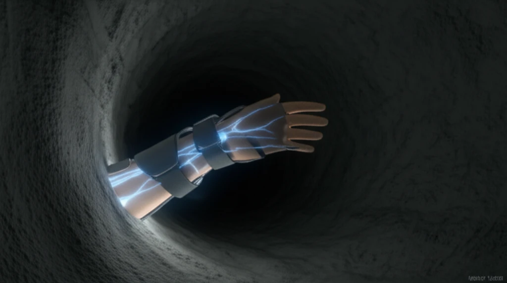Hand emerging from dark tunnel, symbolizing carpal tunnel syndrome, with glowing nerve pathways.