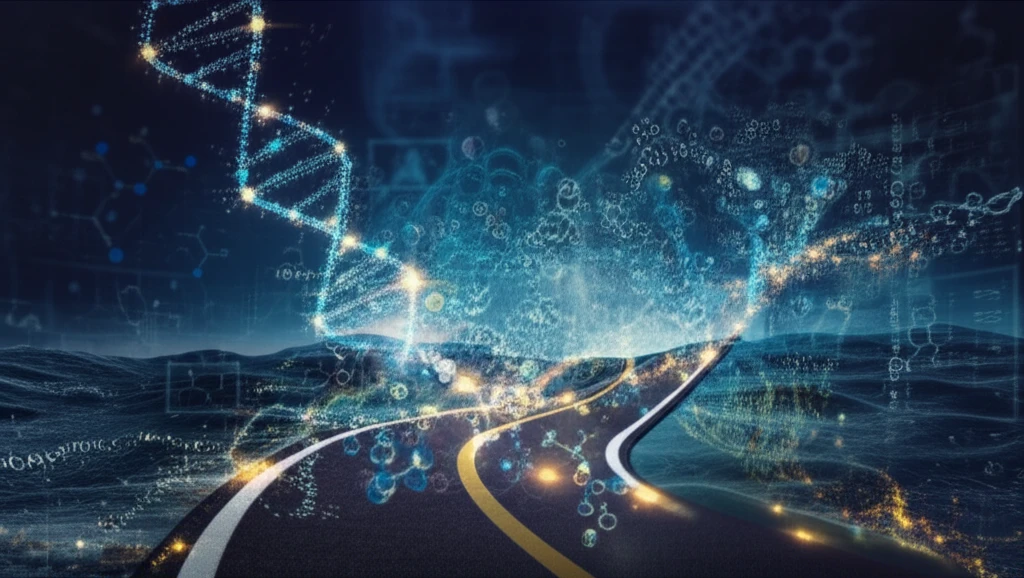 A surreal digital illustration of a winding data road through a biological landscape.