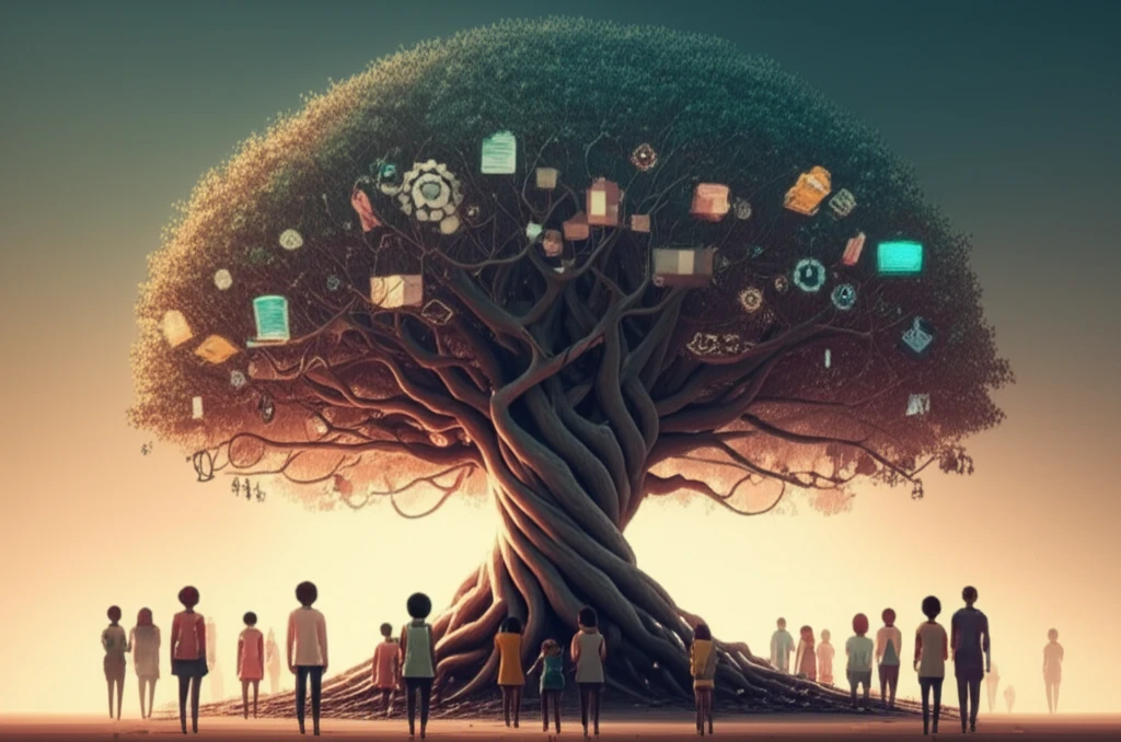 African teens under a protective family tree symbolizing community support.