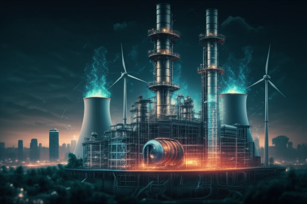 Interconnected turbines in a combined cycle power plant, symbolizing sustainable energy for a vibrant city.