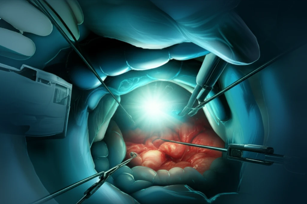 Surgical team performing a precise laparoscopic colectomy.