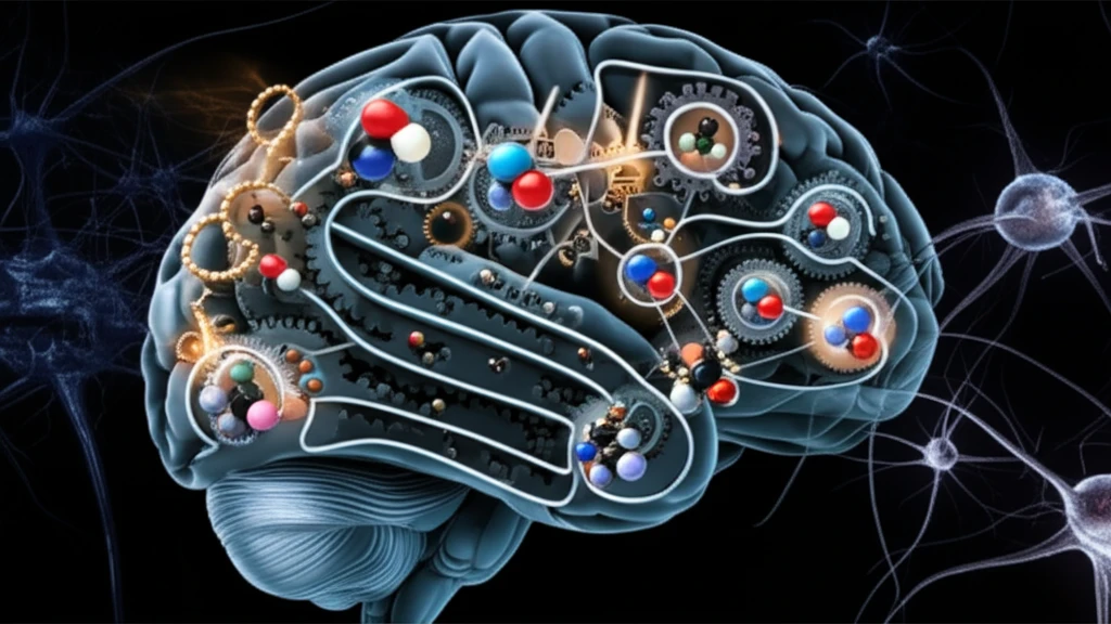 Illustration of interconnected brain pathways and molecules representing multi-functional drugs.