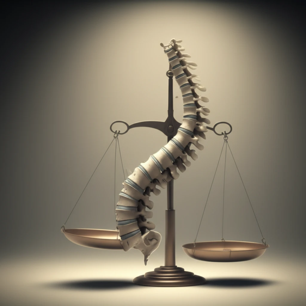 Balanced scale emerging from a spine, representing cost-effectiveness in spinal surgery.