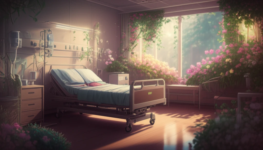 Hospital room transforming into a serene garden, symbolizing end-of-life care.