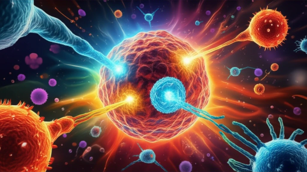 Immune cells attacking a tumor with 4-1BB immunotherapy.