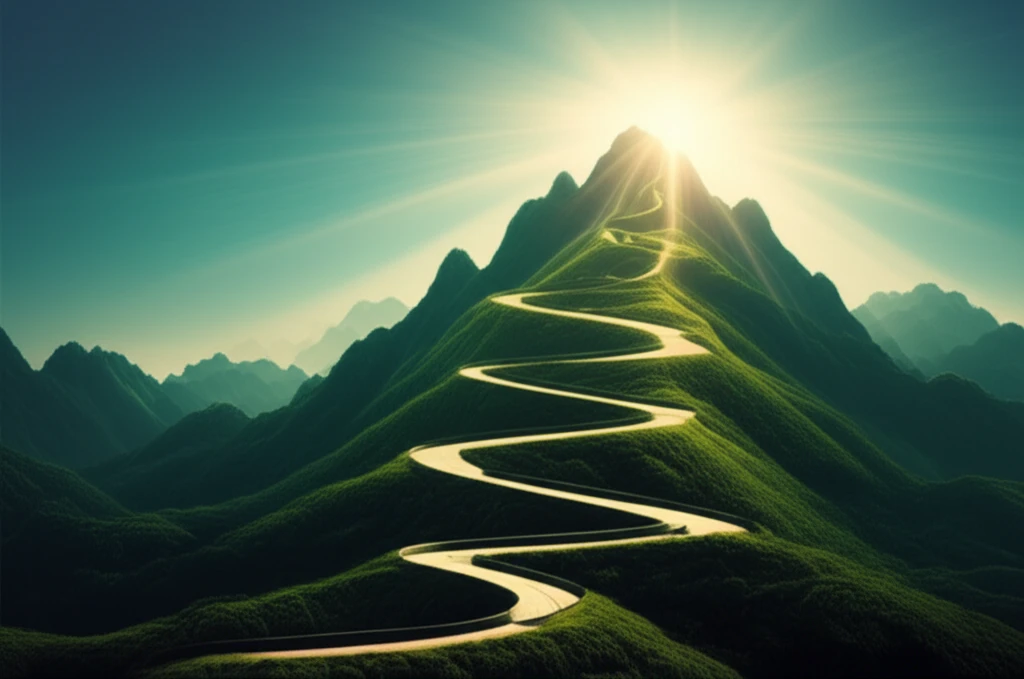 A winding road leading up a lush green mountain in Swaziland, with a radiant sun shining down, symbolizing hope and progress in the fight against tuberculosis.