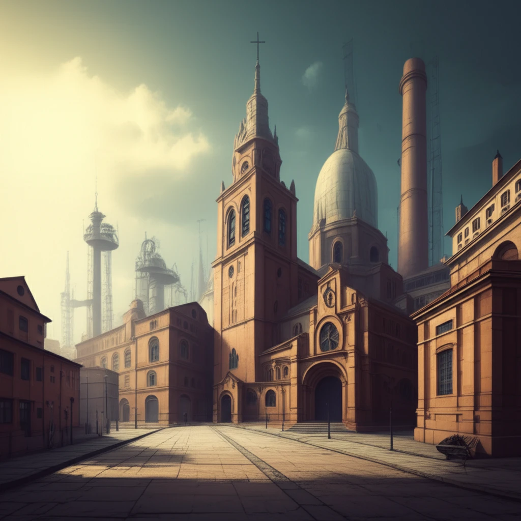 Factory in 1950s Spain with Church in background