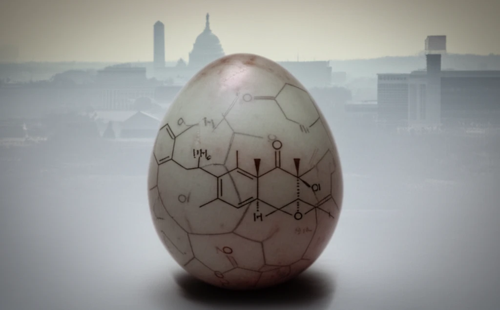Surreal illustration of a Northern Cardinal egg showing environmental contamination.