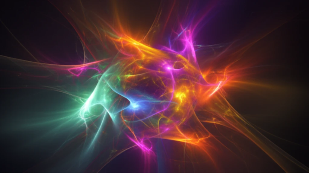 Surreal illustration of swirling gluon fields around a nucleus.