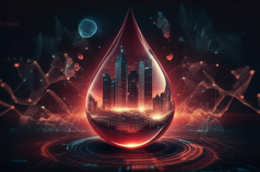 Blood drop transforming into a cityscape representing biomarkers and metabolic health.