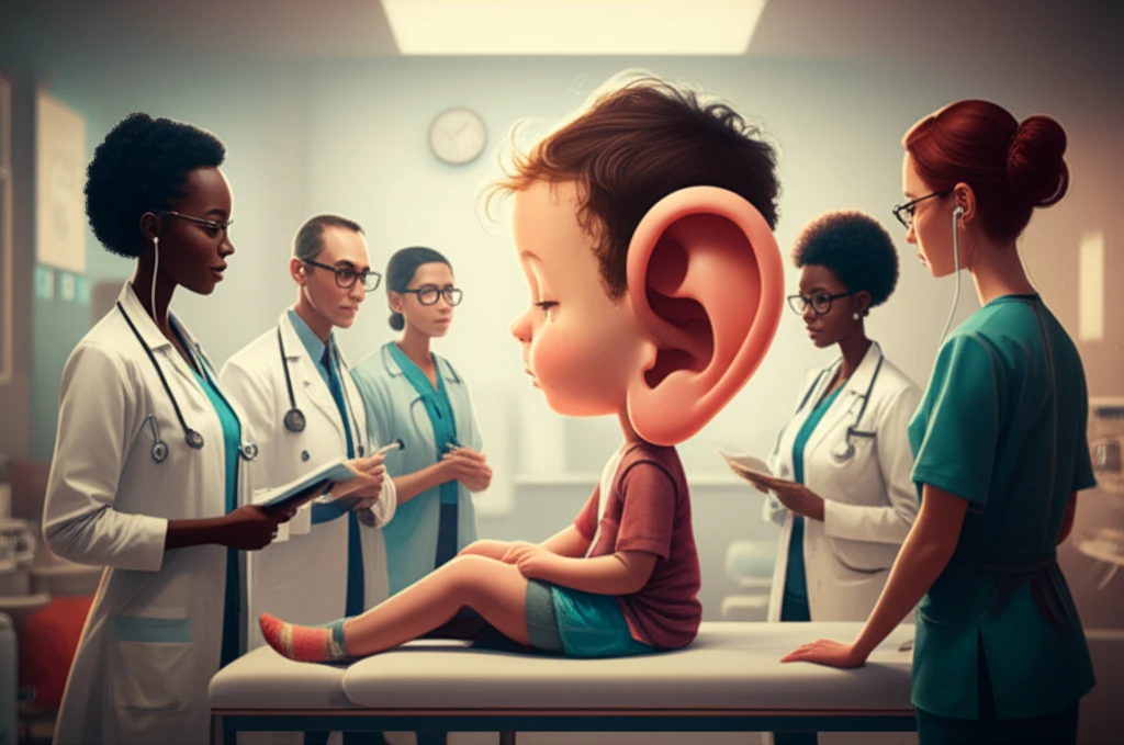 Child on examination table surrounded by large ears symbolizing active listening.