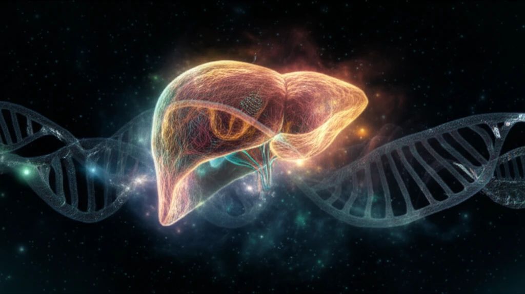 Surreal illustration of RNA strands interwoven with a liver silhouette.