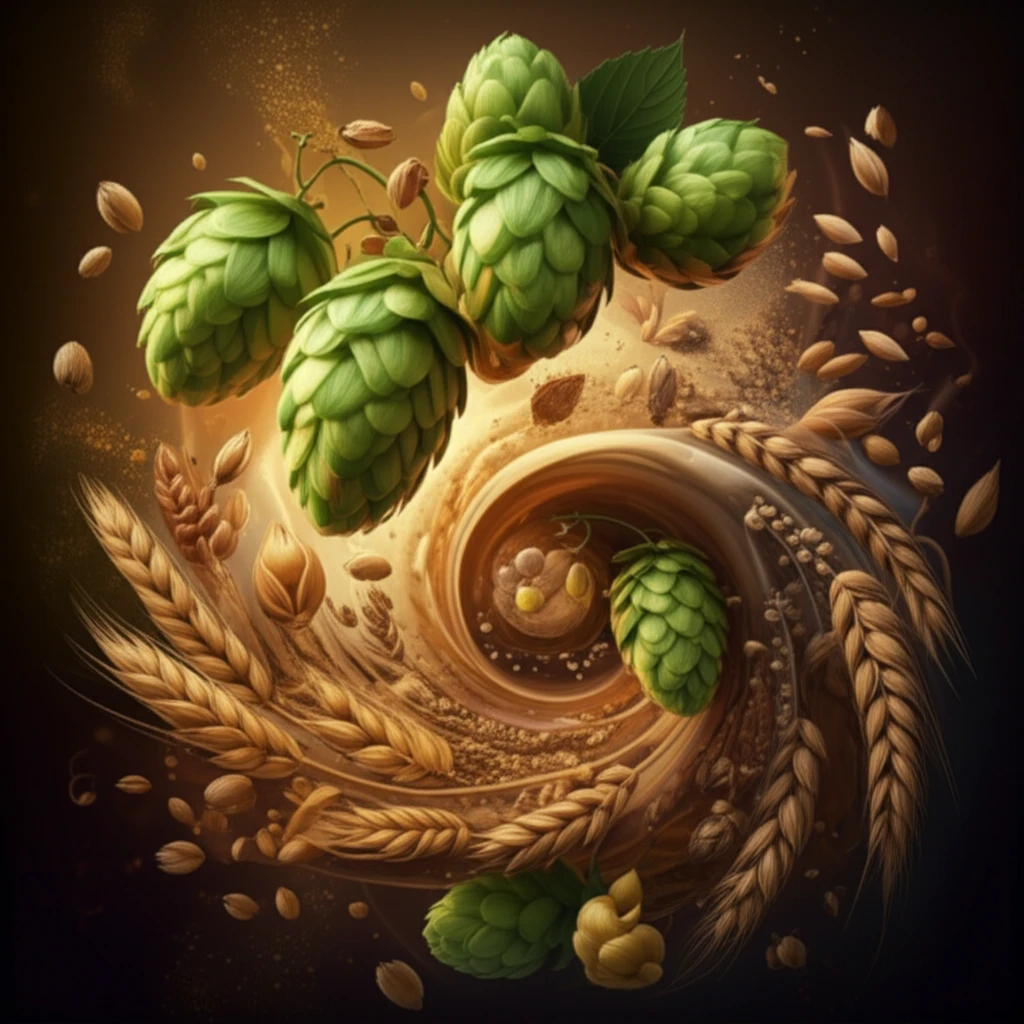 Surreal illustration of beer ingredients forming an aromatic cloud.