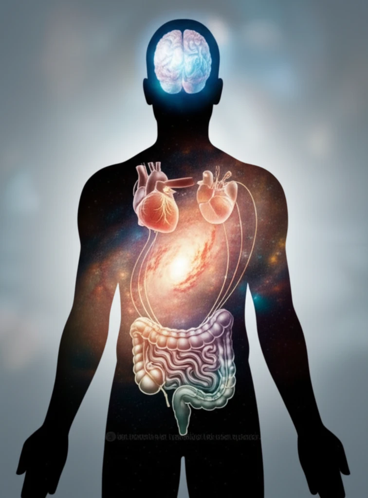 Illustration of the gut-brain-heart connection, highlighting the role of the microbiome in hypertension.