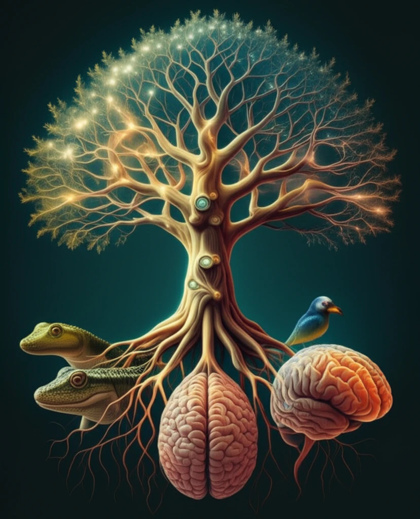The Hippocampus Tree: An artistic representation of the hippocampus as a central structure connecting diverse animal brains, symbolizing the evolution and shared functionality of this brain region.