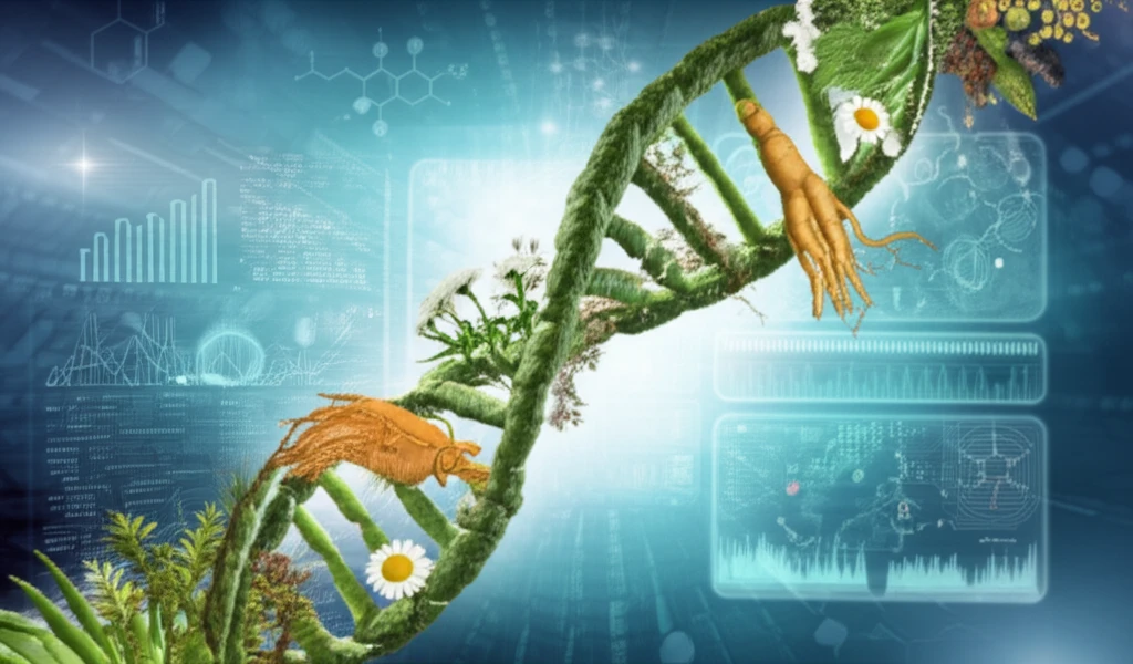 DNA helix intertwined with medicinal plants and a glowing database interface, symbolizing the MMDBD.